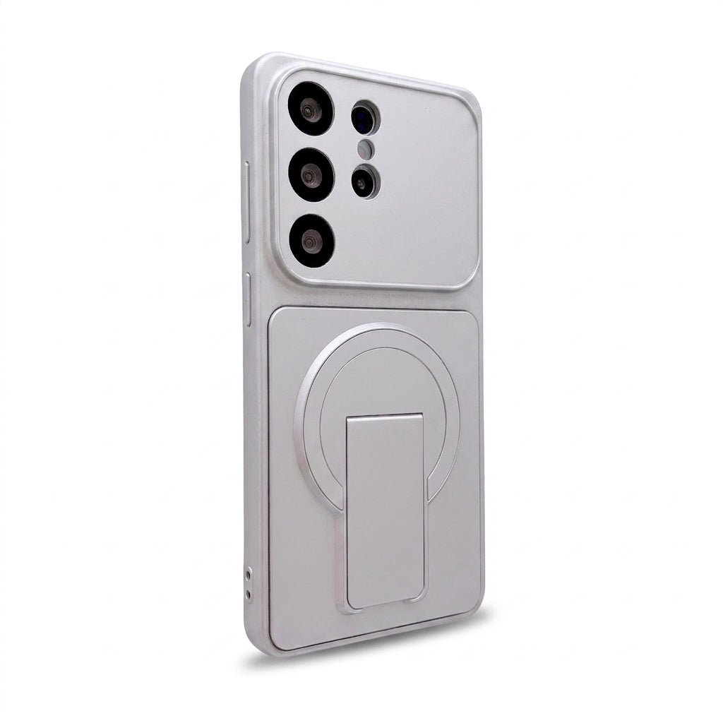 Magnetic Galaxy S Case with Hidden Foldable Stand – Silver Wireless Charging Cover