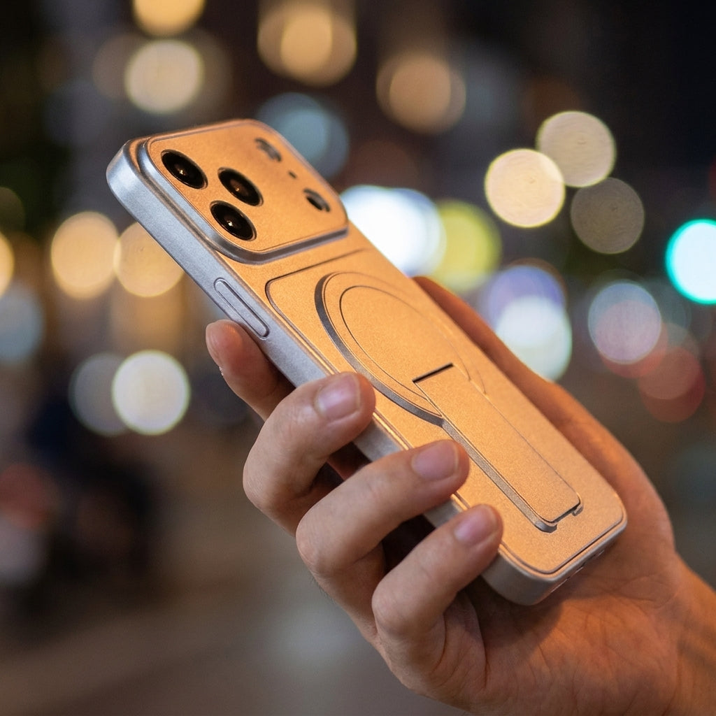 Magnetic iPhone Case with Hidden Foldable Stand – Silver Wireless Charging Cover