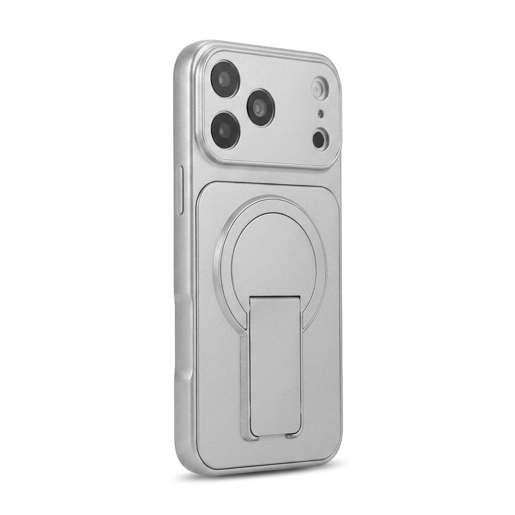 Magnetic iPhone Case with Hidden Foldable Stand – Silver Wireless Charging Cover