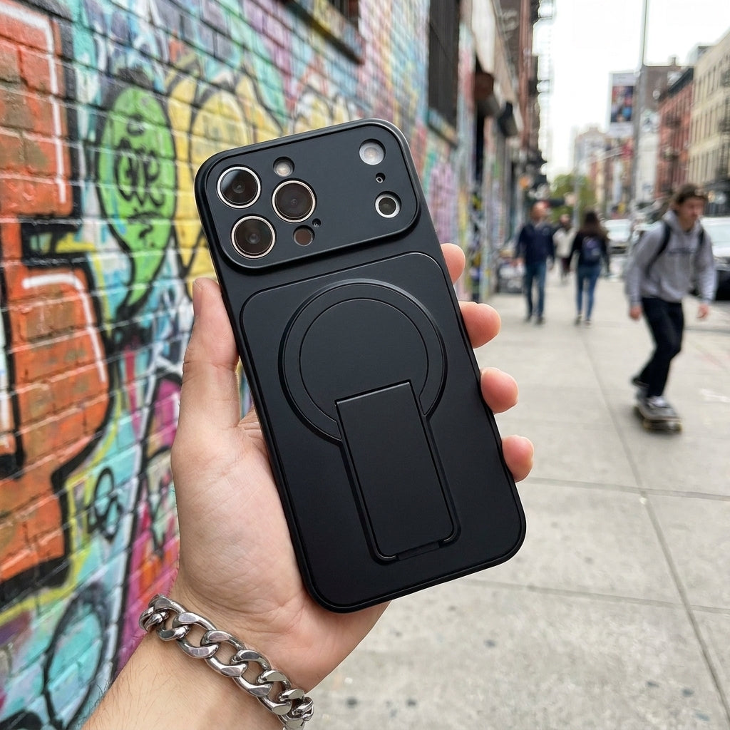 Magnetic iPhone Case with Hidden Foldable Stand – Black Wireless Charging Cover