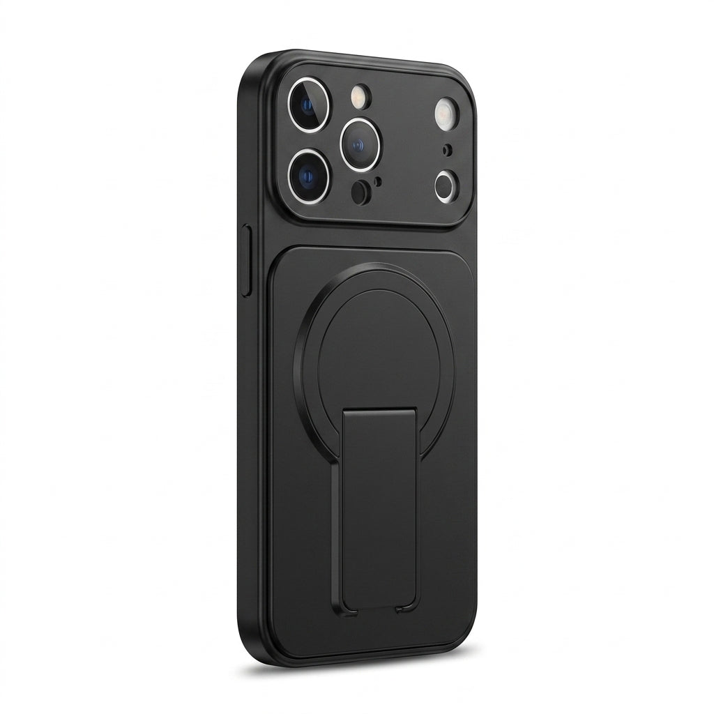 Magnetic iPhone Case with Hidden Foldable Stand – Black Wireless Charging Cover