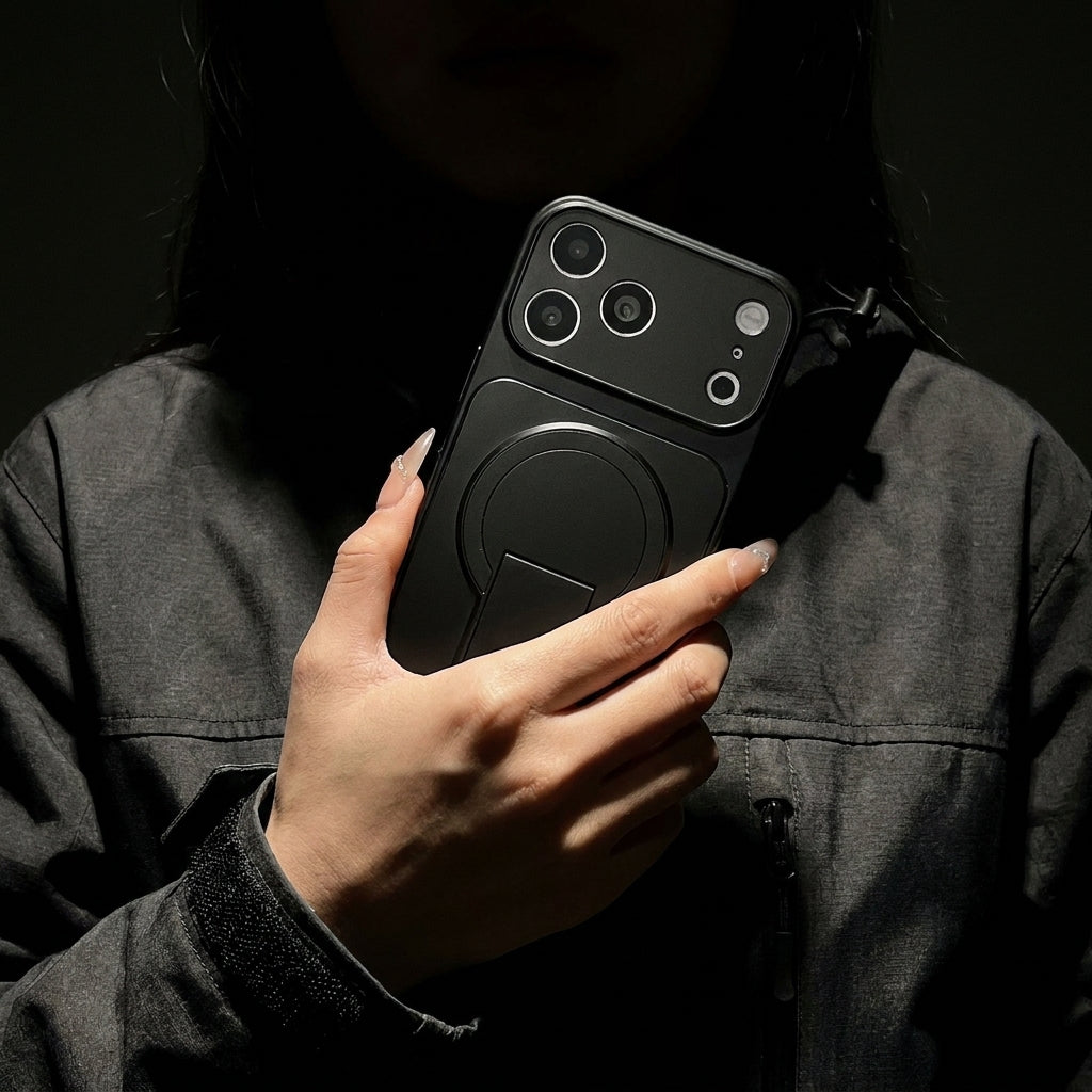 Magnetic iPhone Case with Hidden Foldable Stand – Black Wireless Charging Cover