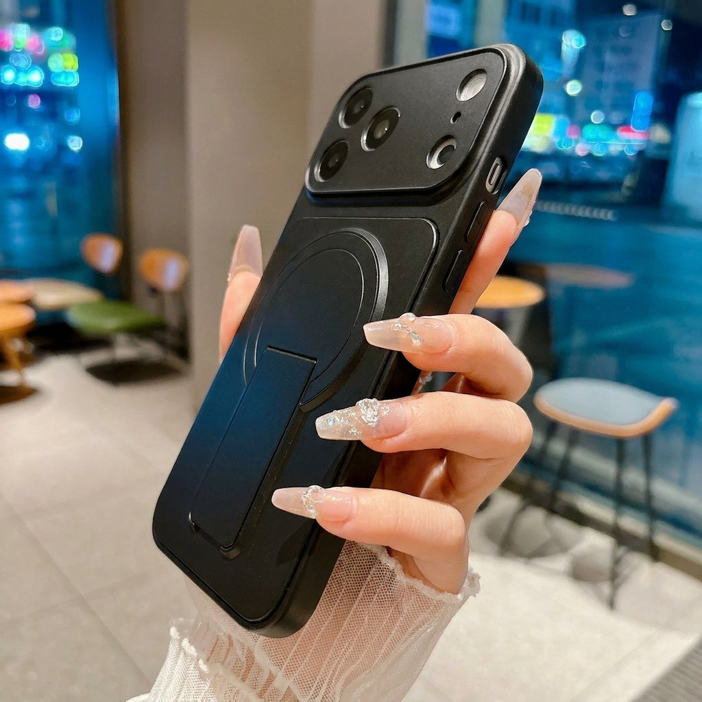 Magnetic iPhone Case with Hidden Foldable Stand – Black Wireless Charging Cover