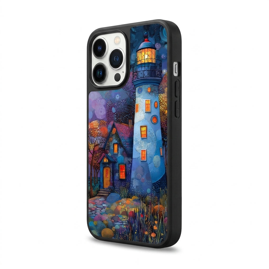 Starry Night Lighthouse Oil Painting Glass Case - Black