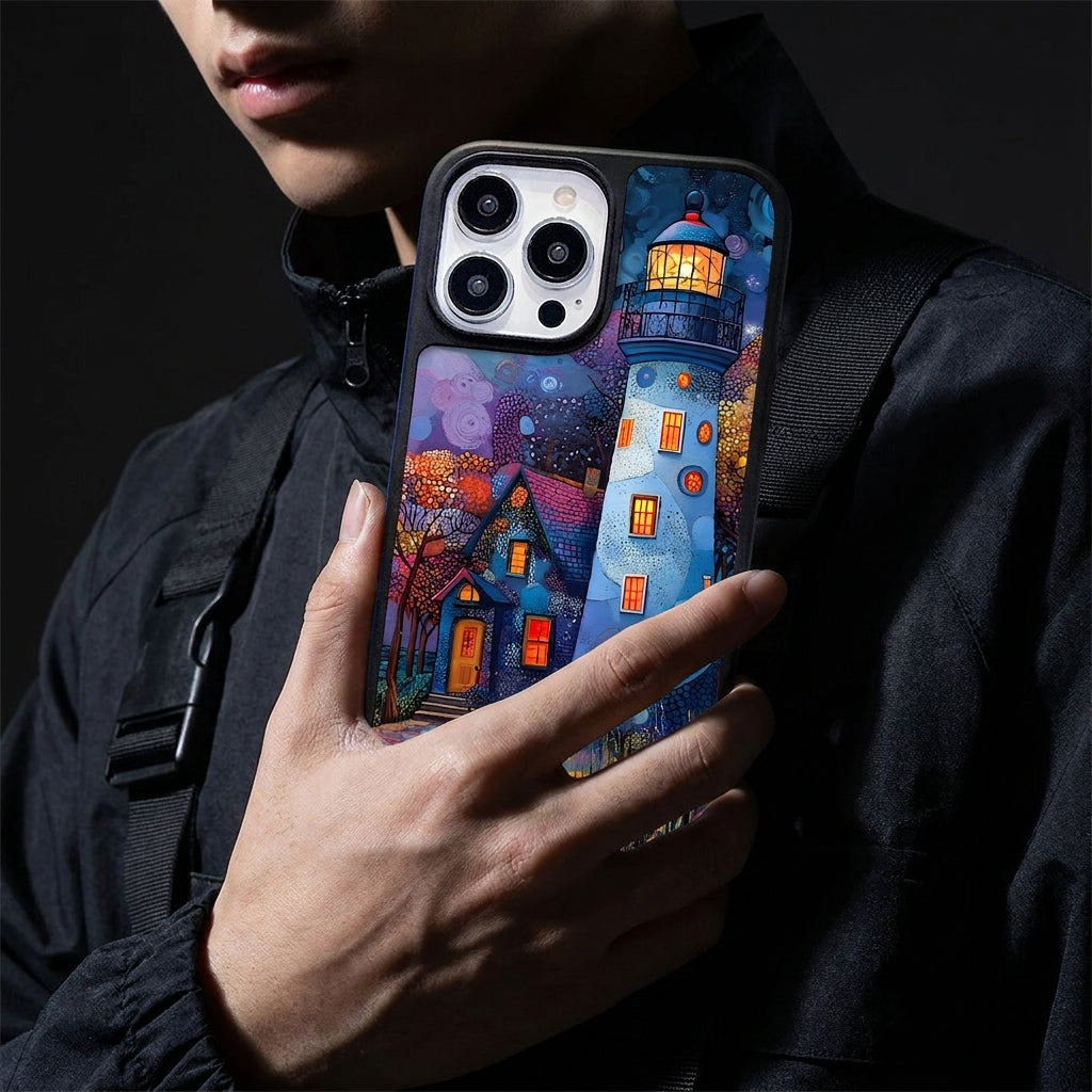 Starry Night Lighthouse Oil Painting Glass Case - Black