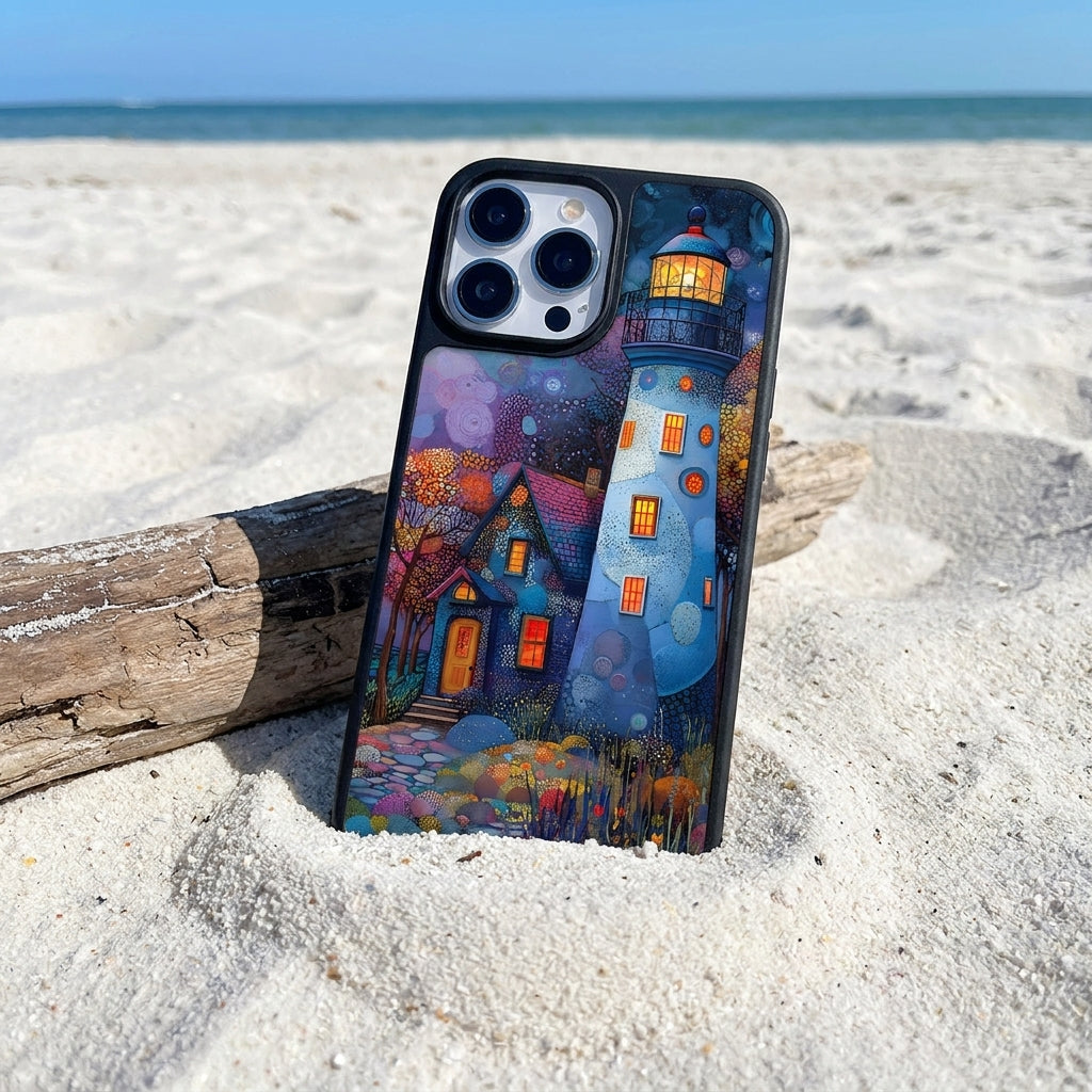 Starry Night Lighthouse Oil Painting Glass Case - Black