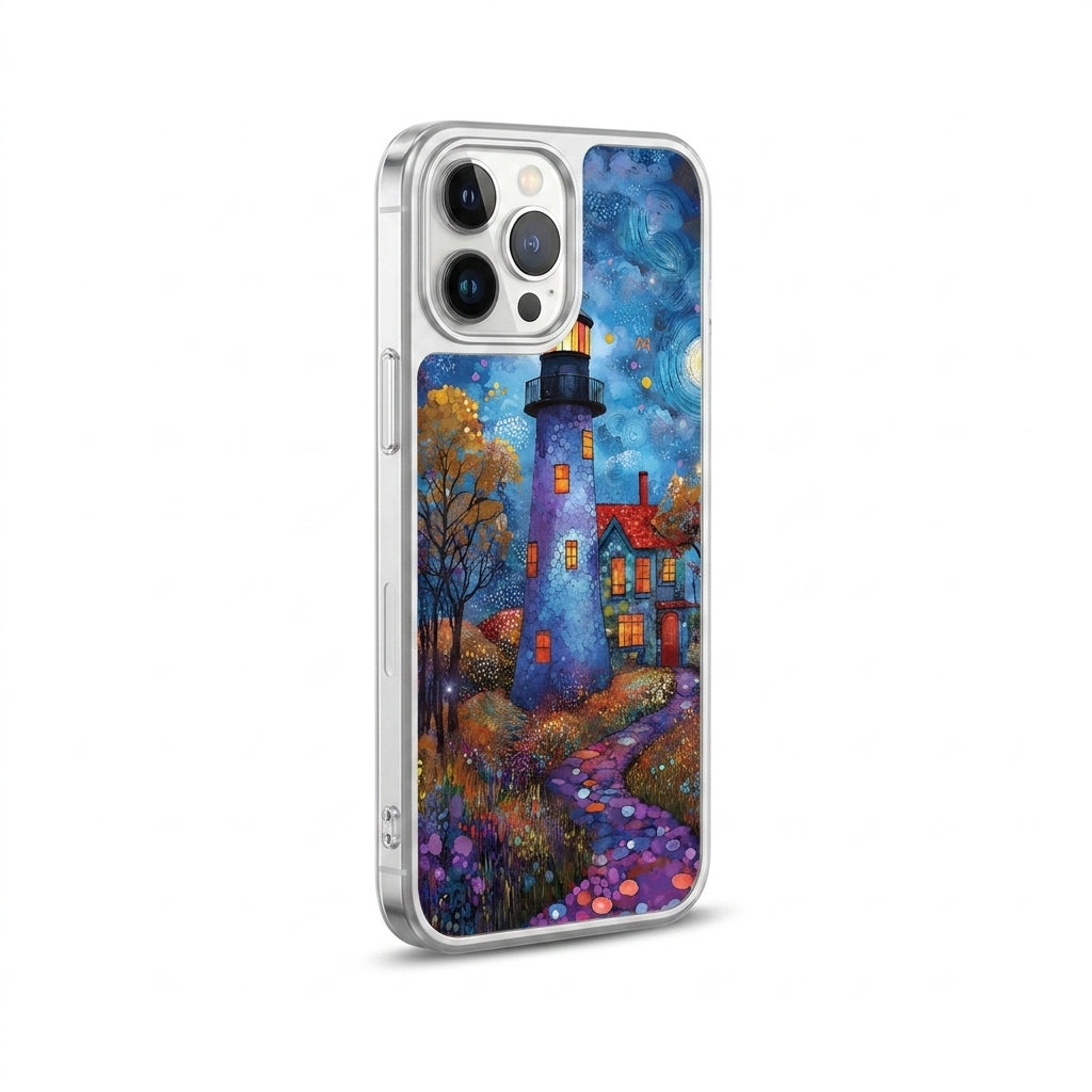 Starry Night Lighthouse Oil Painting Glass Case - Silver