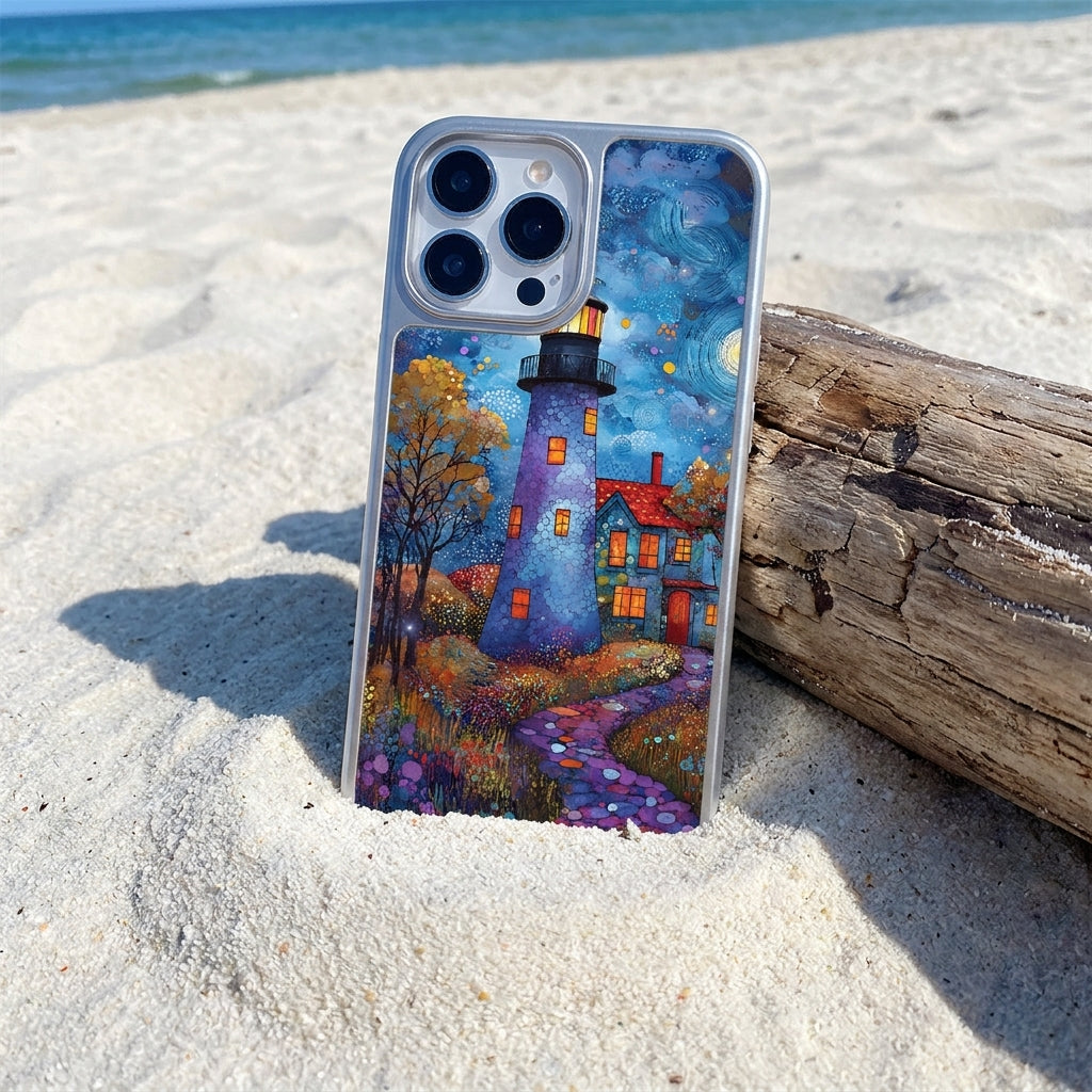Starry Night Lighthouse Oil Painting Glass Case - Silver