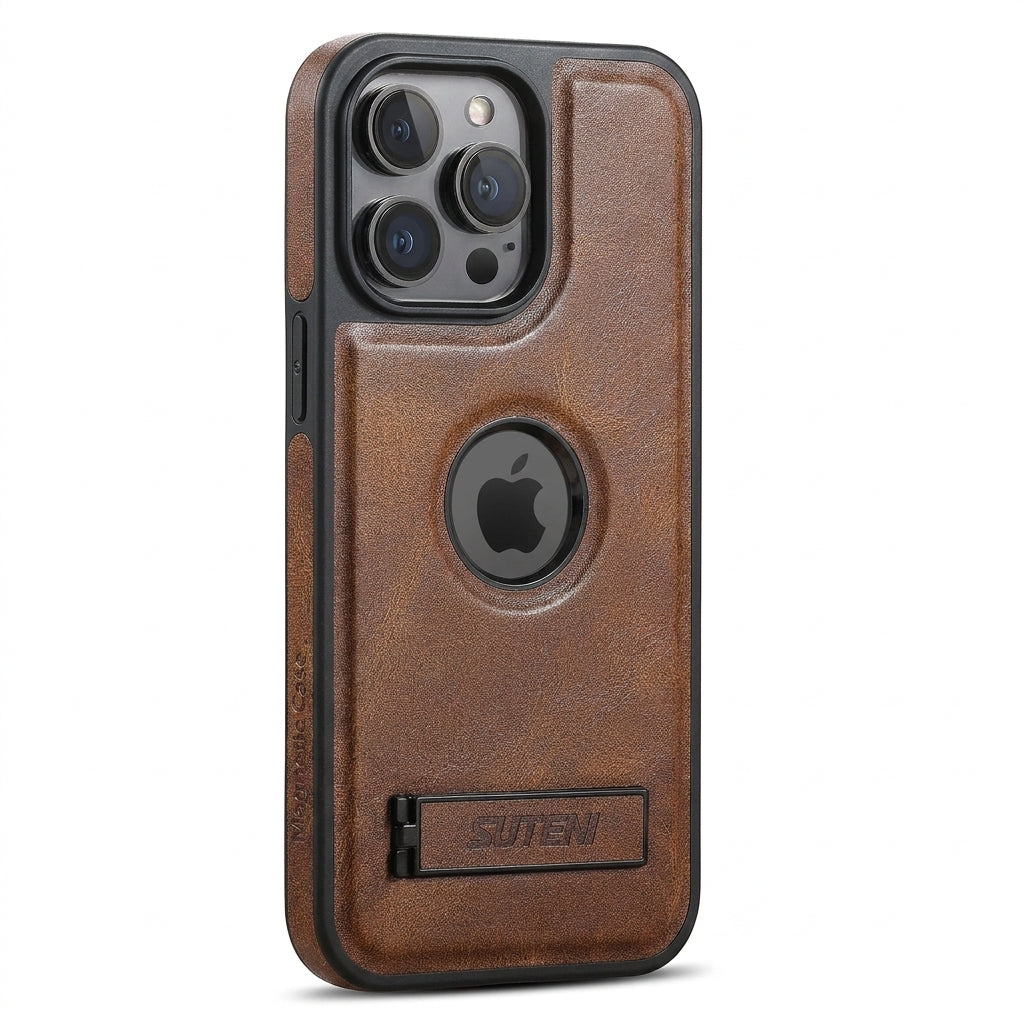 Magnetic Faux Leather Kickstand iPhone Case - Vintage Brown