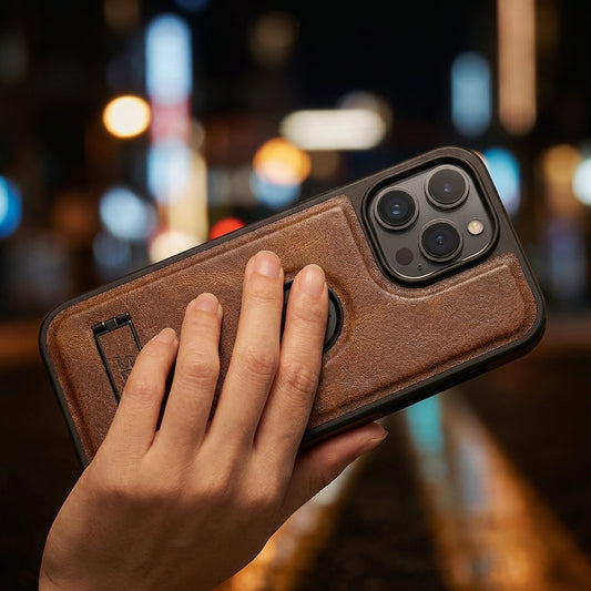 Magnetic Faux Leather Kickstand iPhone Case - Vintage Brown