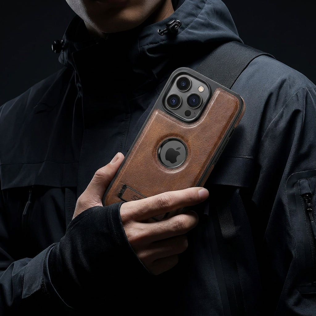 Magnetic Faux Leather Kickstand iPhone Case - Vintage Brown