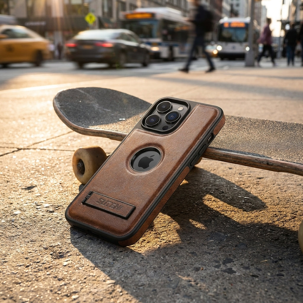 Magnetic Faux Leather Kickstand iPhone Case - Vintage Brown
