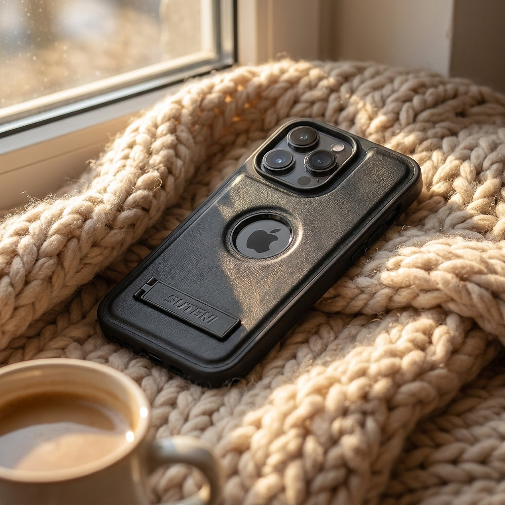 Magnetic Faux Leather Kickstand iPhone Case - Vintage Black