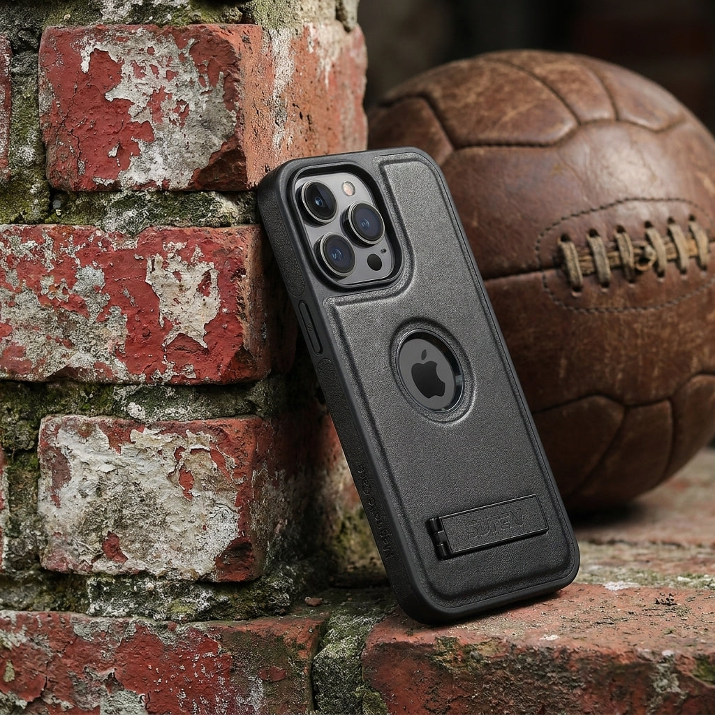 Magnetic Faux Leather Kickstand iPhone Case - Vintage Black