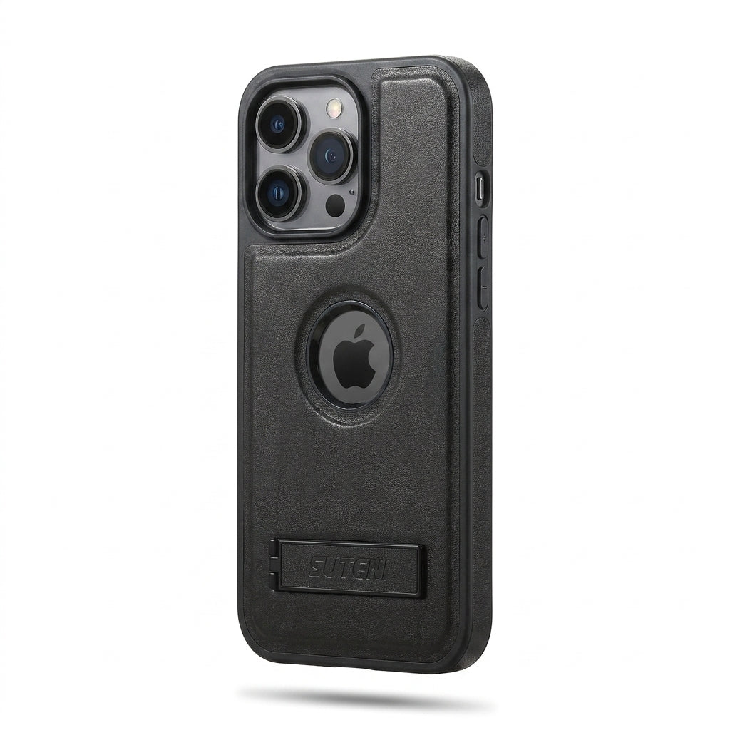 Magnetic Faux Leather Kickstand iPhone Case - Vintage Black