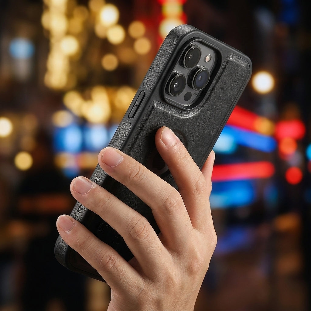 Magnetic Faux Leather Kickstand iPhone Case - Vintage Black