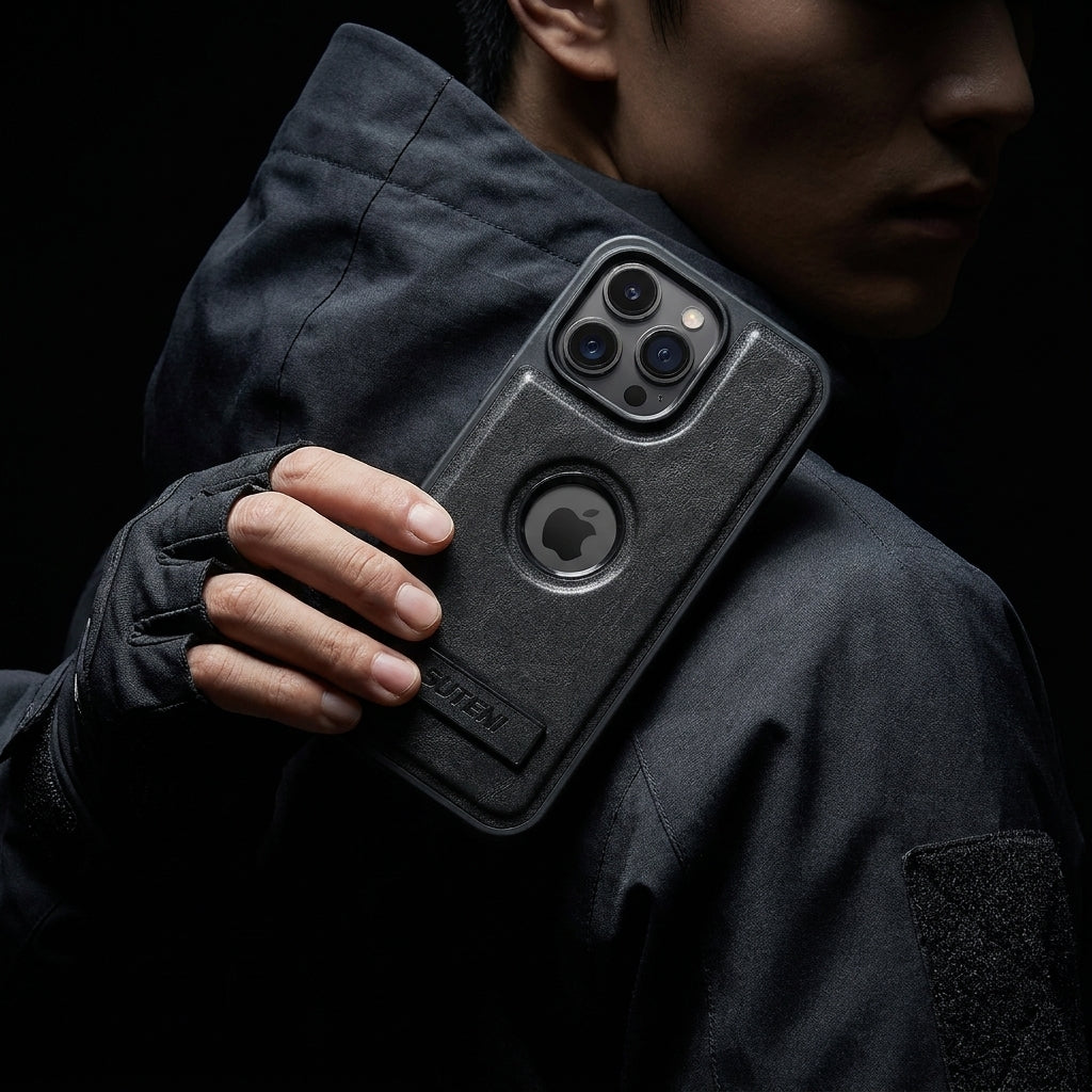 Magnetic Faux Leather Kickstand iPhone Case - Vintage Black