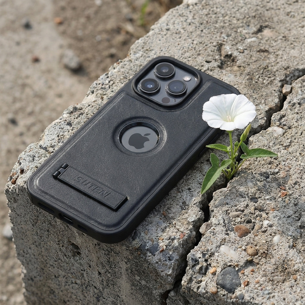 Magnetic Faux Leather Kickstand iPhone Case - Vintage Black