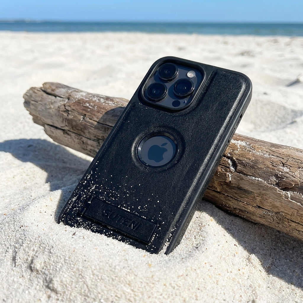 Magnetic Faux Leather Kickstand iPhone Case - Vintage Black