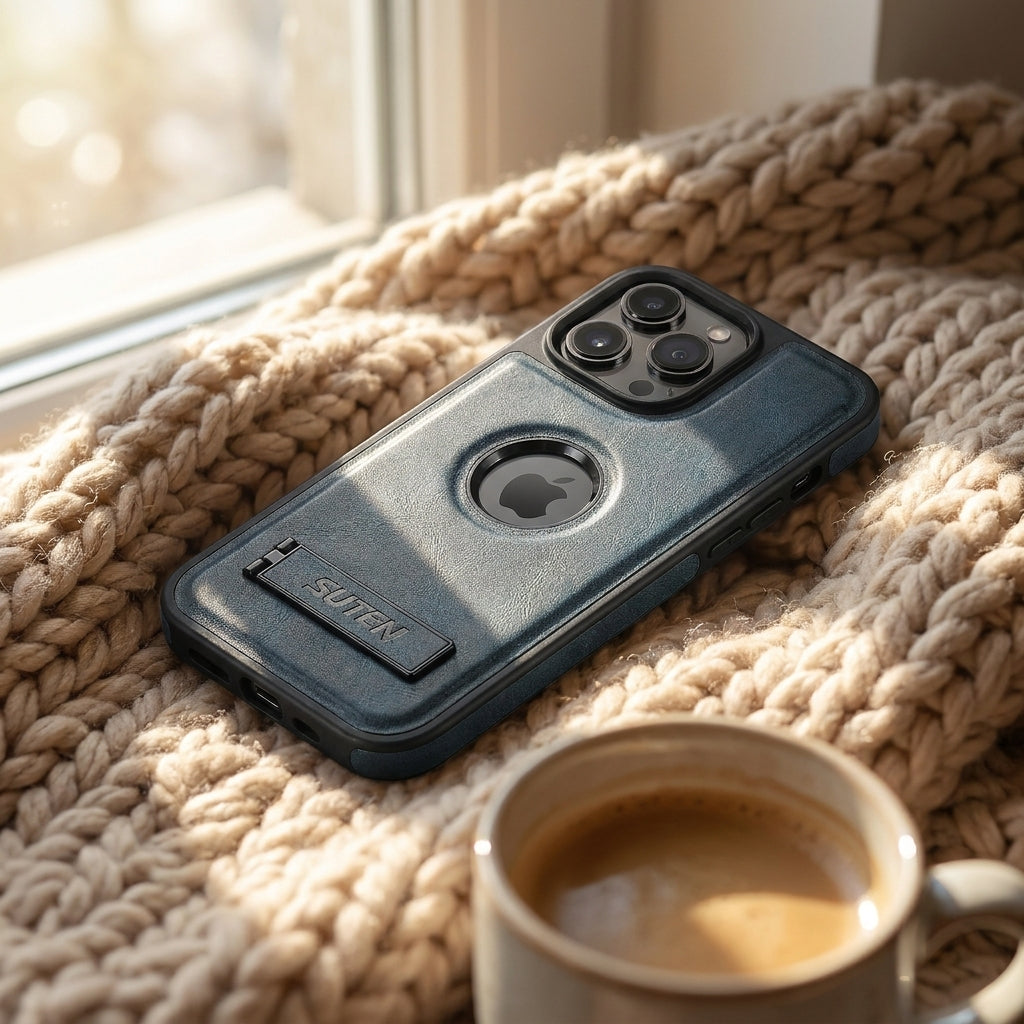 Magnetic Faux Leather Kickstand iPhone Case - Vintage Blue