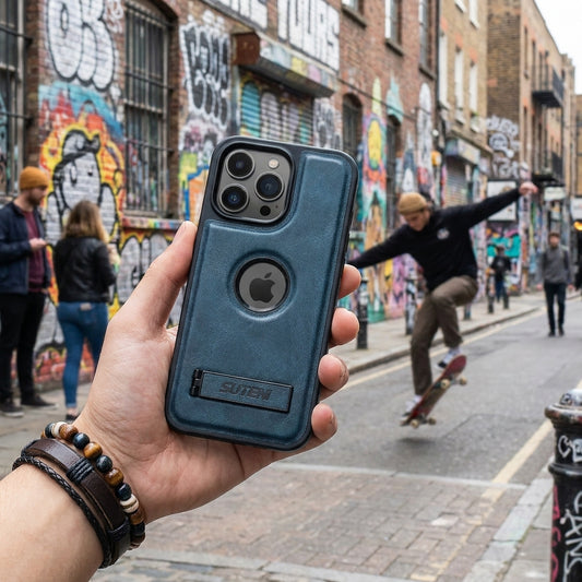 Magnetic Faux Leather Kickstand iPhone Case - Vintage Blue