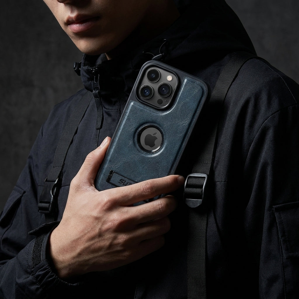 Magnetic Faux Leather Kickstand iPhone Case - Vintage Blue