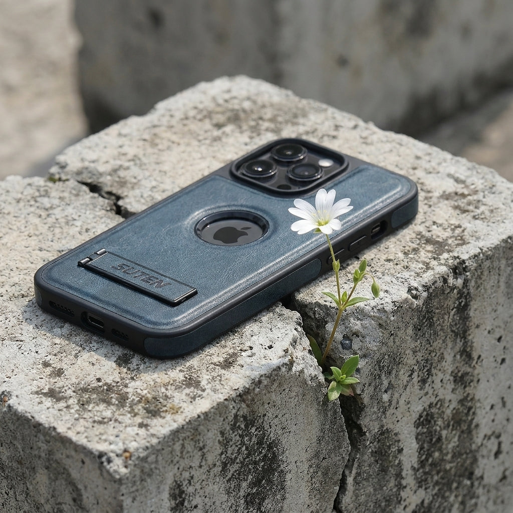 Magnetic Faux Leather Kickstand iPhone Case - Vintage Blue