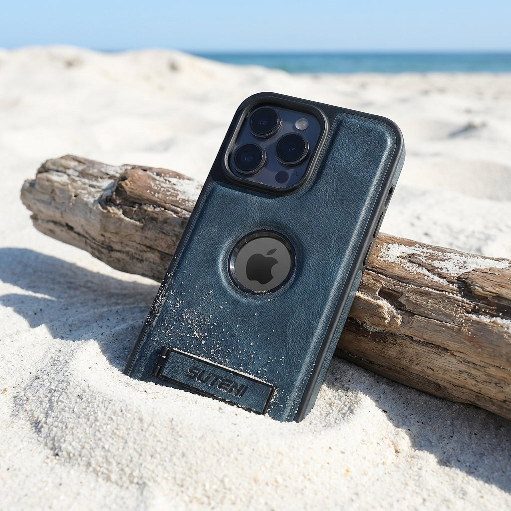 Magnetic Faux Leather Kickstand iPhone Case - Vintage Blue