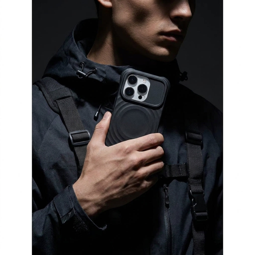 Magnetic Skin-Feel  Case - Premium Black Ripple Phone Case  Open Camera