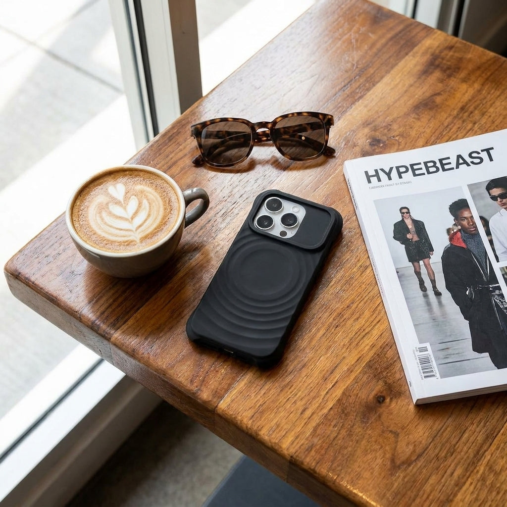 Magnetic Skin-Feel  Case - Premium Black Ripple Phone Case  Open Camera