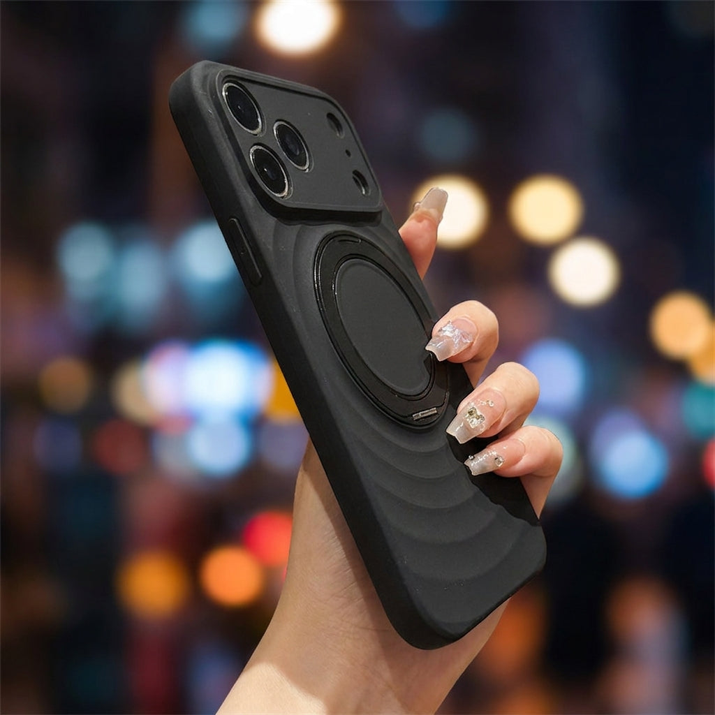Magnetic Skin-Feel Case Ring Stand - Premium Black Ripple Phone Case Precise Fit