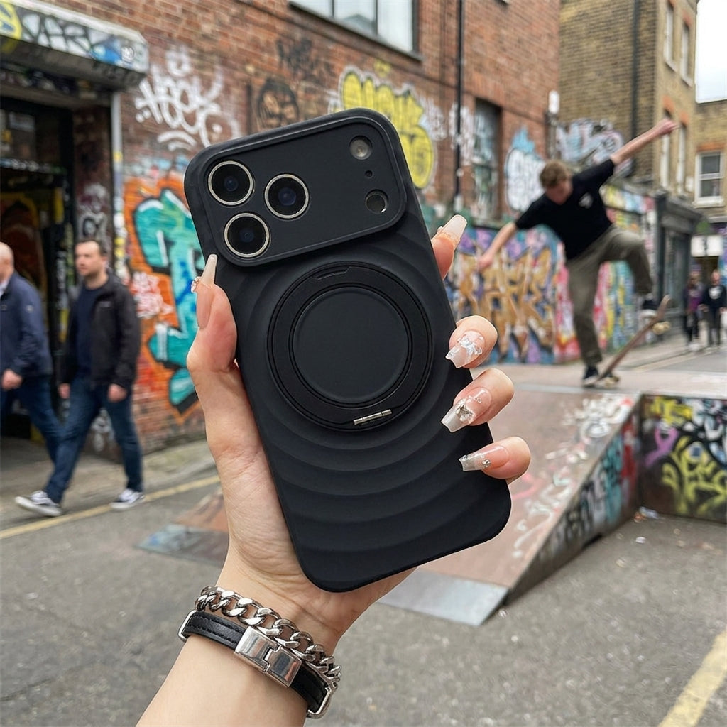 Magnetic Skin-Feel Case Ring Stand - Premium Black Ripple Phone Case Precise Fit