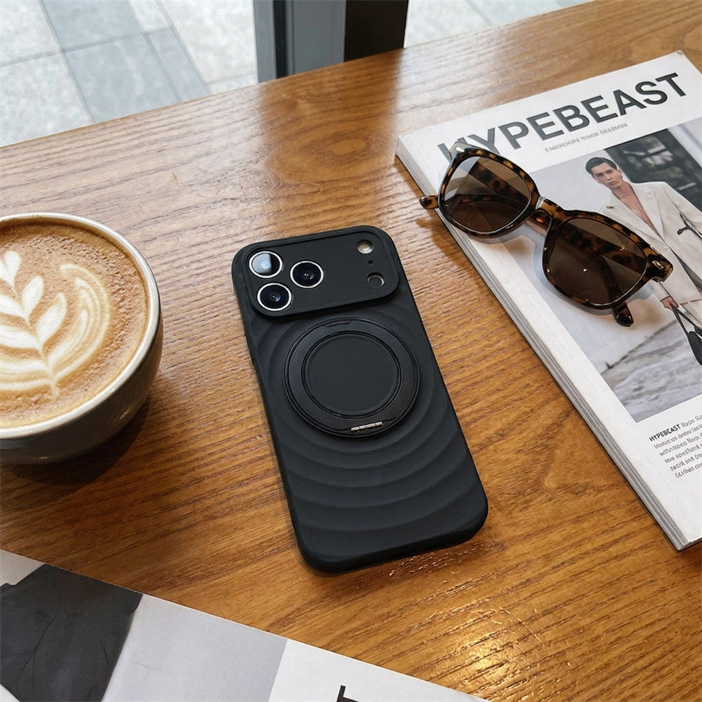 Magnetic Skin-Feel Case Ring Stand - Premium Black Ripple Phone Case Precise Fit