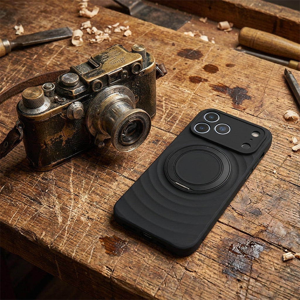Magnetic Skin-Feel Case Ring Stand - Premium Black Ripple Phone Case Precise Fit