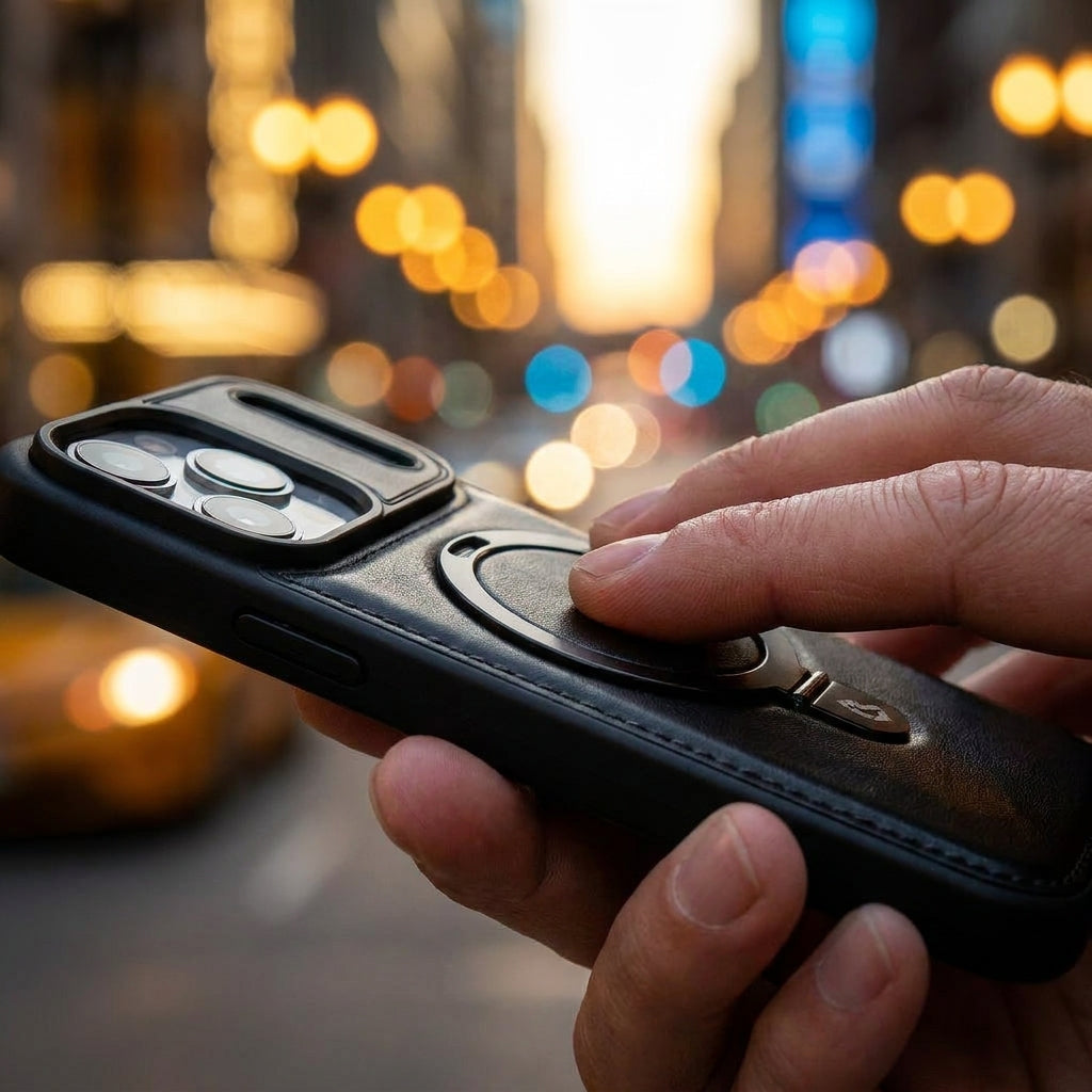 Magnetic Kickstand iPhone Case | Premium Business Leather  -Black