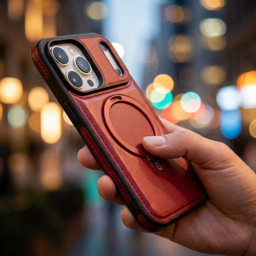 Magnetic Kickstand iPhone Case | Premium Business Leather - Charm Red