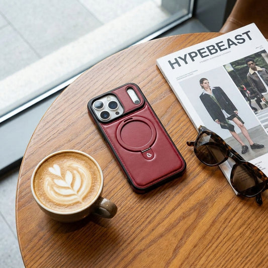 Magnetic Kickstand iPhone Case | Premium Business Leather - Charm Red