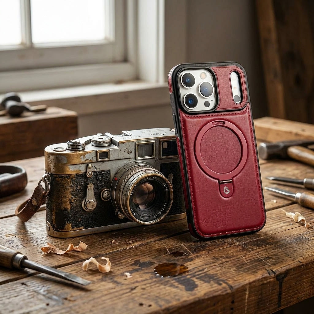Magnetic Kickstand iPhone Case | Premium Business Leather - Charm Red
