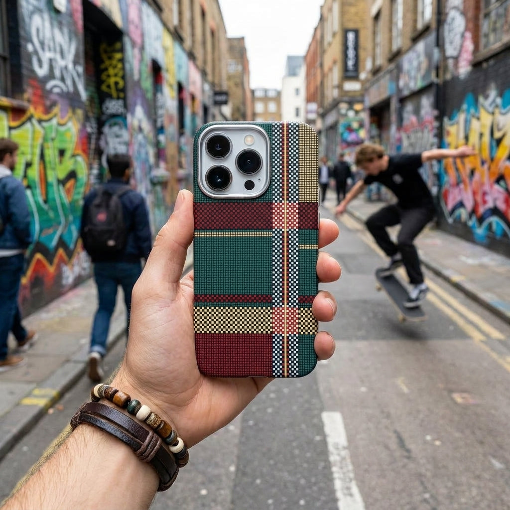 Magnetic Phone Case | Carbon Fiber Case with Kevlar Weave – Red & Green Plaid