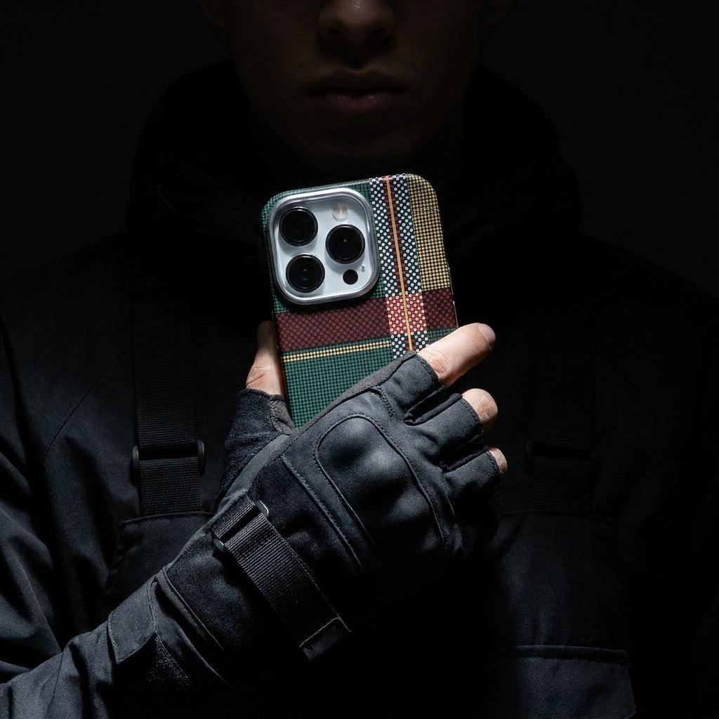 Magnetic Phone Case | Carbon Fiber Case with Kevlar Weave – Red & Green Plaid