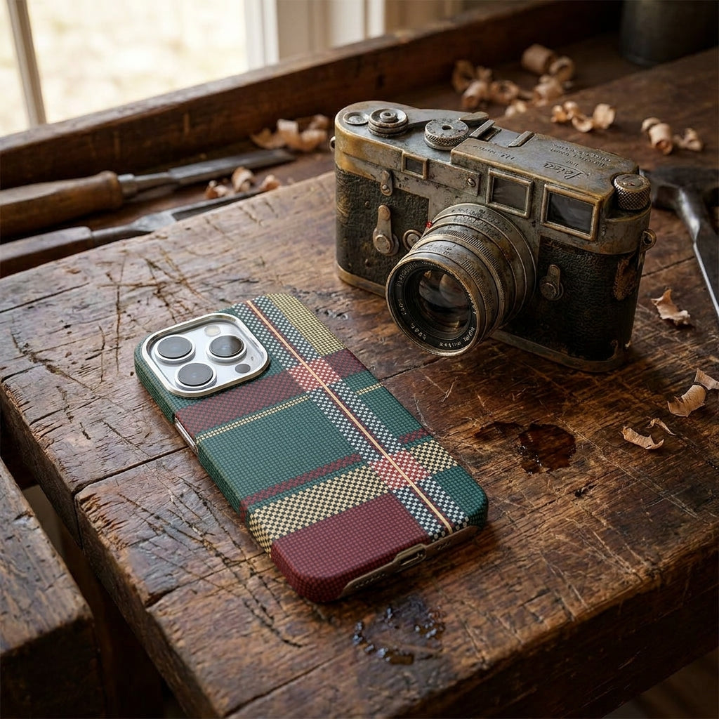 Magnetic Phone Case | Carbon Fiber Case with Kevlar Weave – Red & Green Plaid