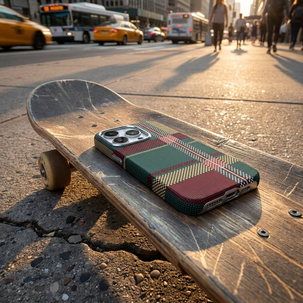 Magnetic Phone Case | Carbon Fiber Case with Kevlar Weave – Red & Green Plaid