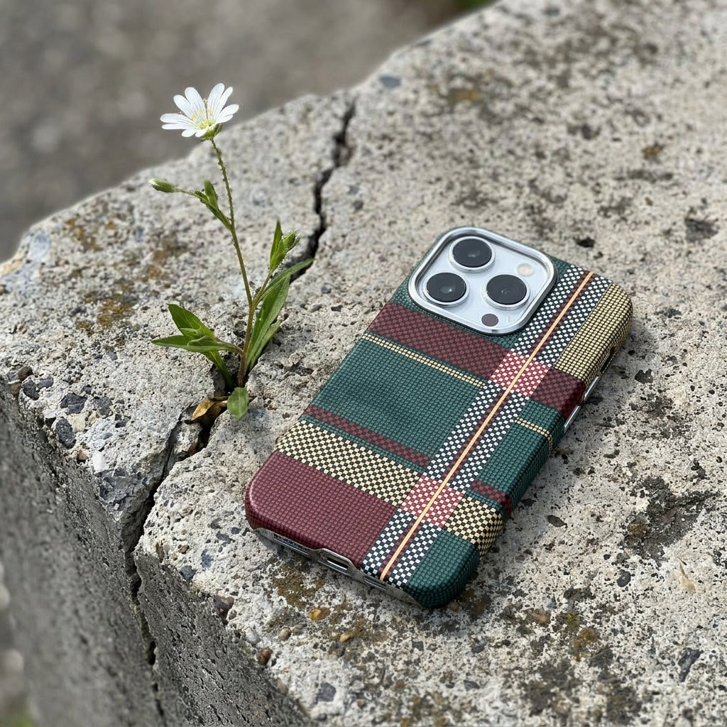 Magnetic Phone Case | Carbon Fiber Case with Kevlar Weave – Red & Green Plaid