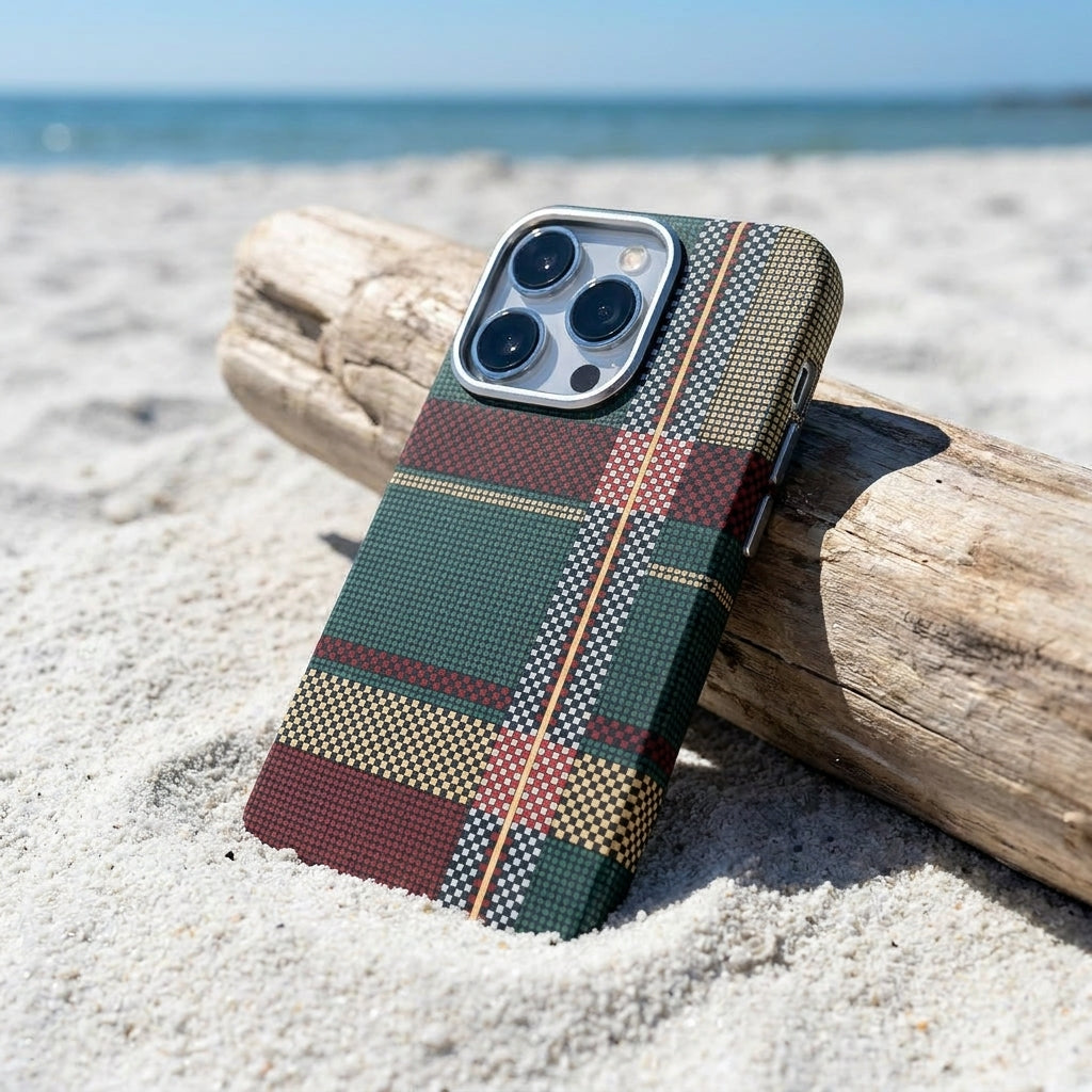 Magnetic Phone Case | Carbon Fiber Case with Kevlar Weave – Red & Green Plaid