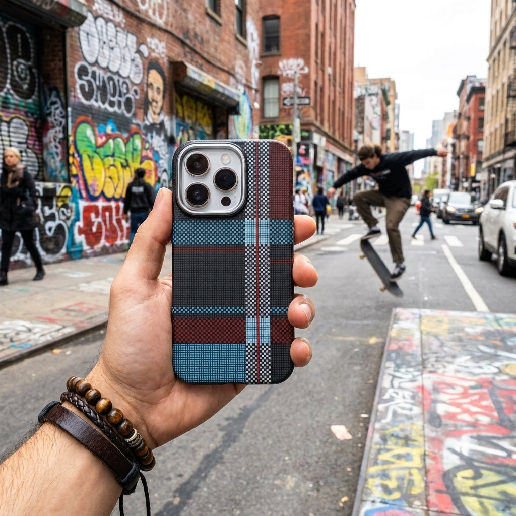Magnetic Phone Case | Carbon Fiber Case with Kevlar Weave –  Red & Blue Plaid