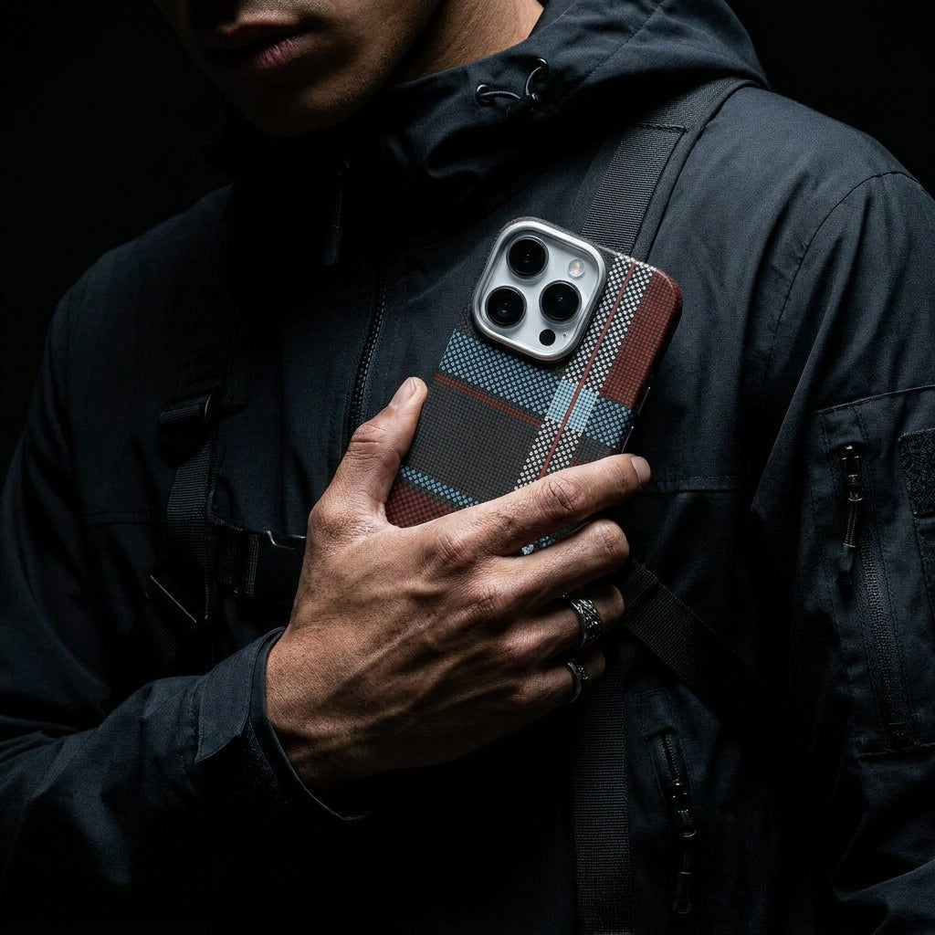 Magnetic Phone Case | Carbon Fiber Case with Kevlar Weave –  Red & Blue Plaid