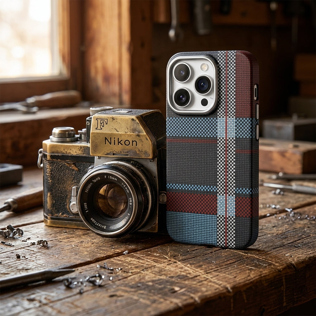 Magnetic Phone Case | Carbon Fiber Case with Kevlar Weave –  Red & Blue Plaid