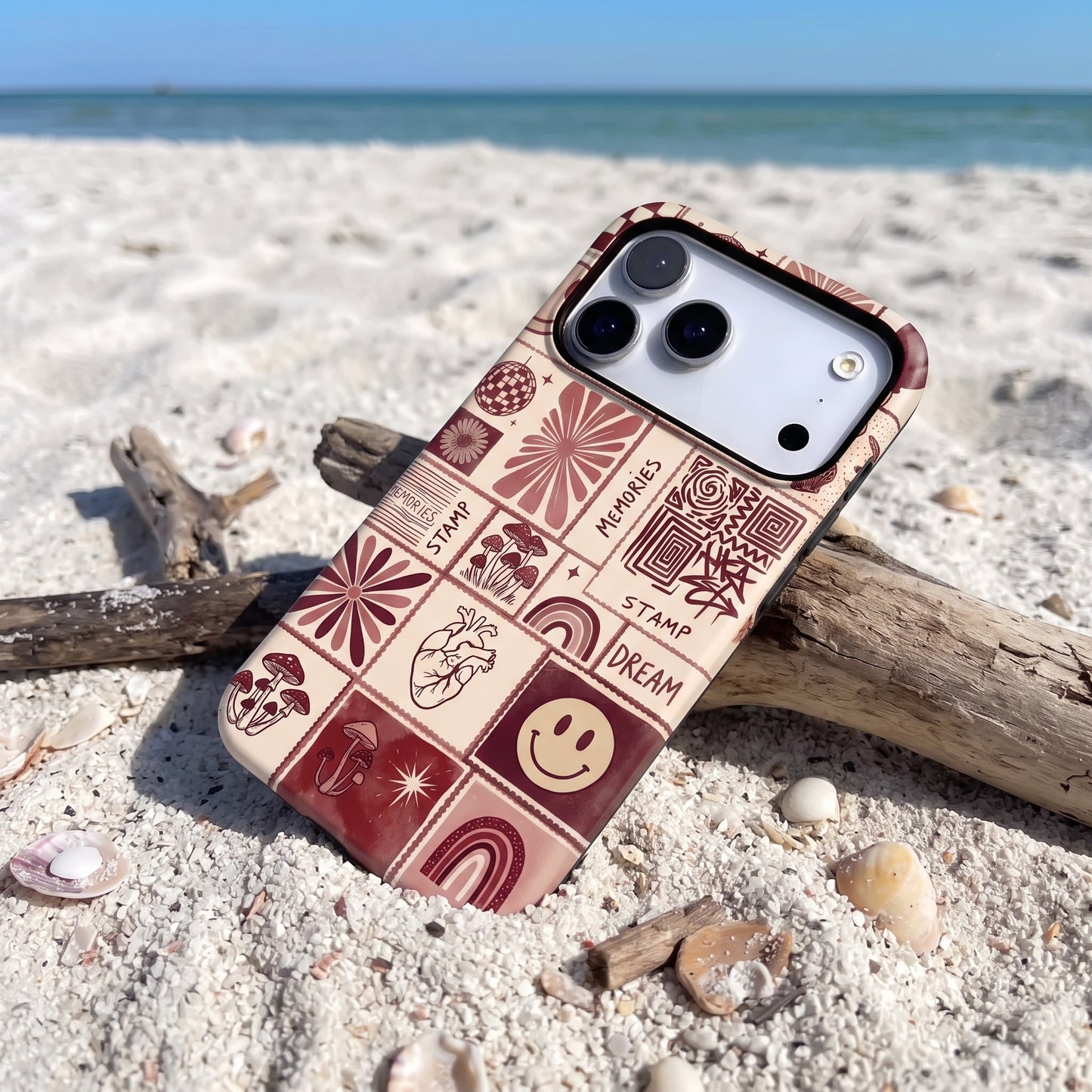 Magnetic Phone Case | Burgundy Retro Postage Stamp Grid