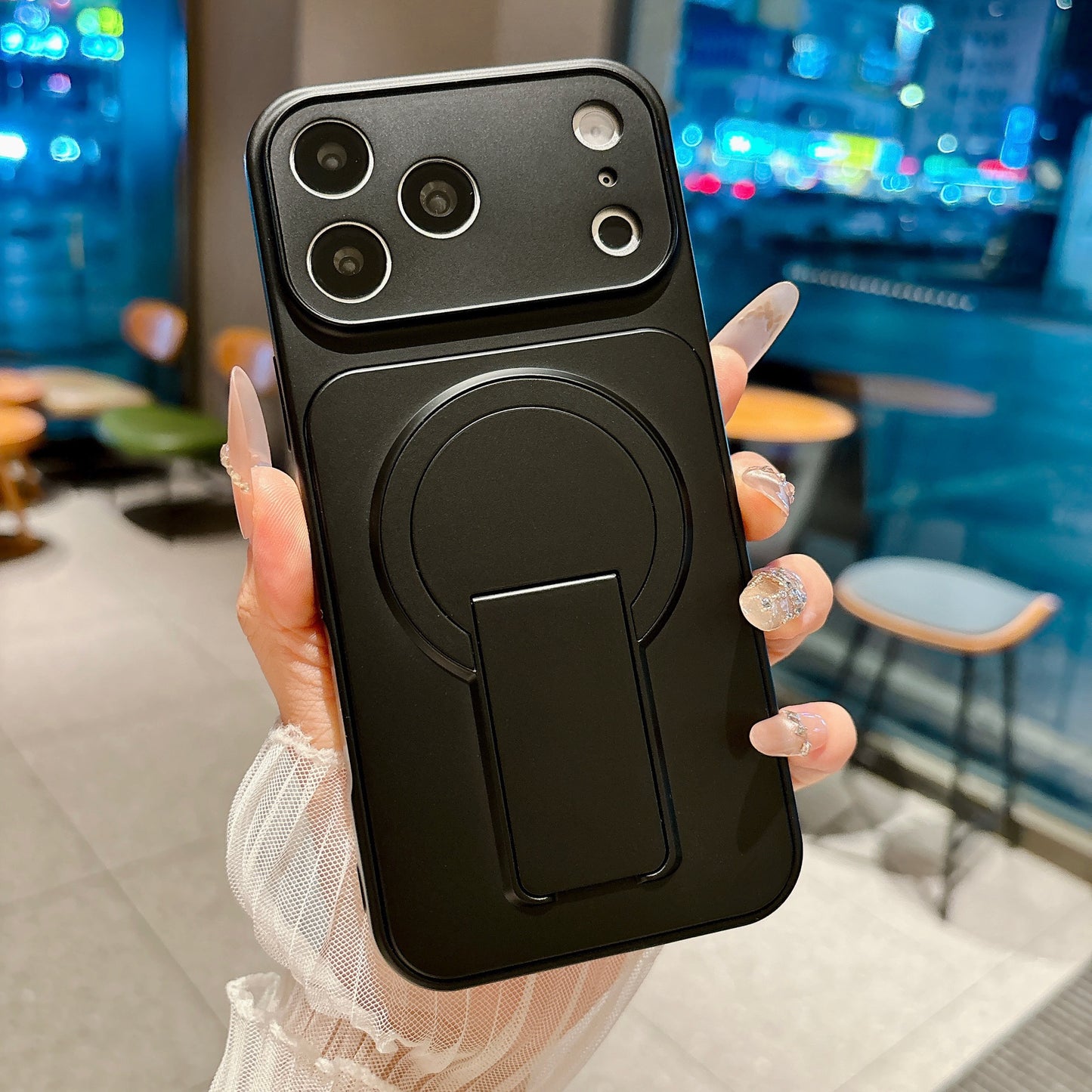 Magnetic iPhone Case with Hidden Foldable Stand – Black Wireless Charging Cover