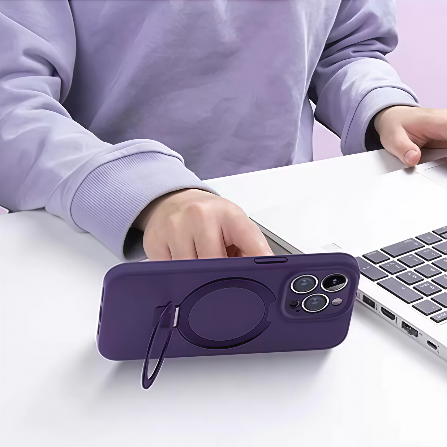 Magnetic Wireless Charging Phone Case | Liquid Silicone Solid Color Phone Case with Stand